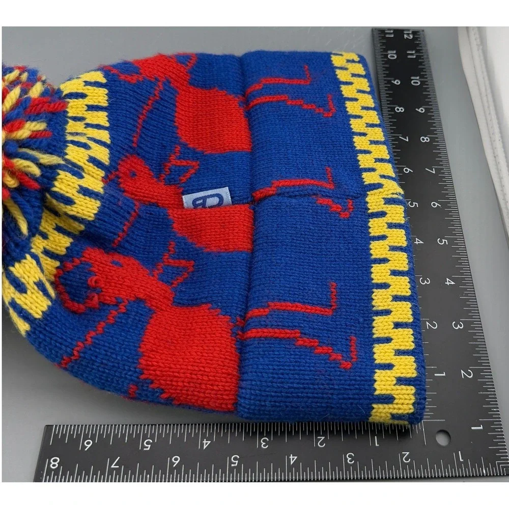 Vintage Beanie Ski Hat 100% Wool Knit Pom Pom Blue Red Yellow Winter Cap